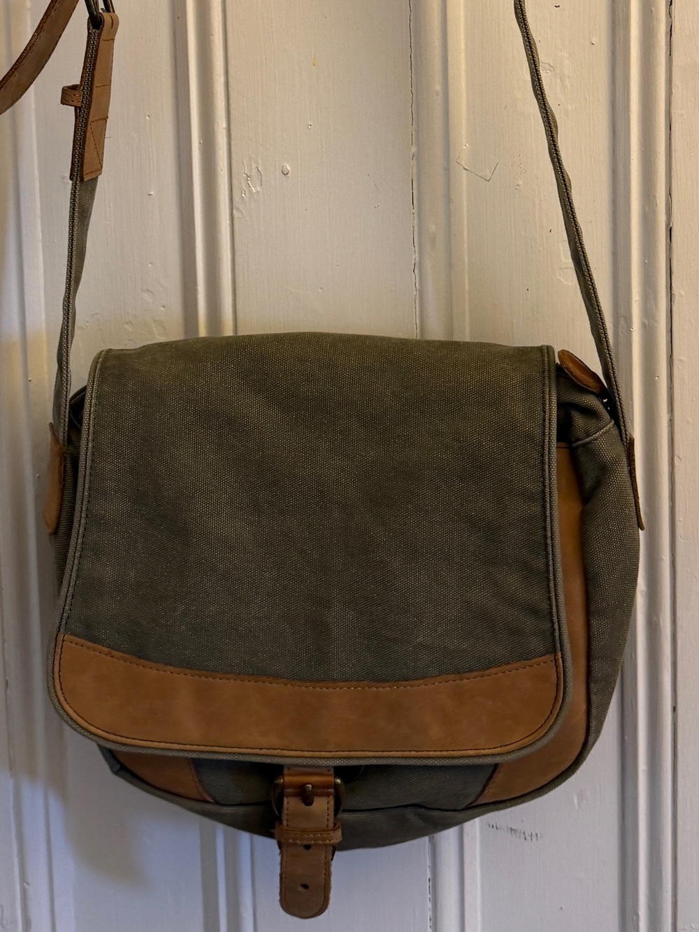 Vintage L.L.Bean 0AMN1 Canvas Leather Satchel Crossbody Bag Olive Brown